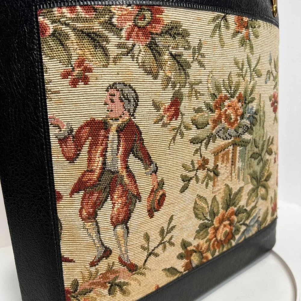 Vintage Handbag‎ Black with Tapestry Front craft bag hard side purse granny bag